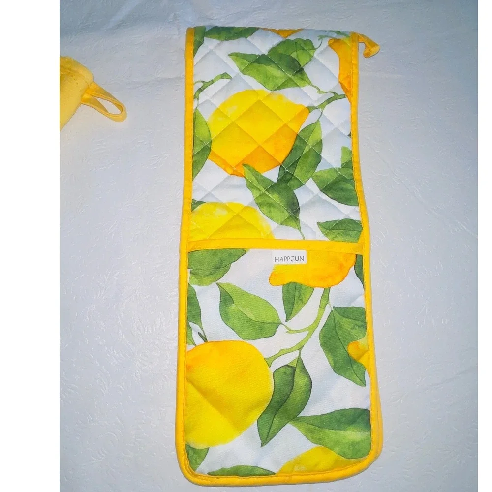 2 Williams-Sonoma Yellow Oven Mitts & 1 Lemon Print Double Pot Holder Towel USA